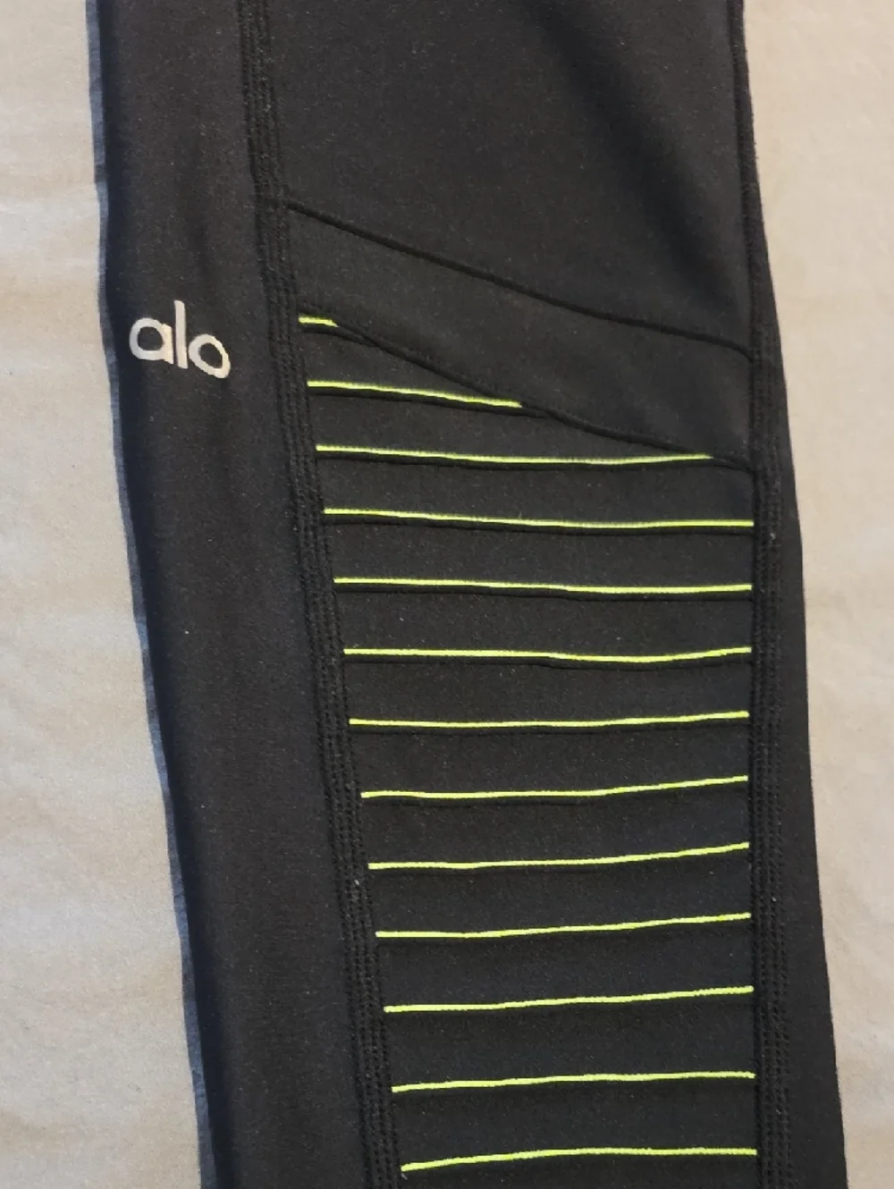 ALO Moto Black Leggings with Neon Yellow Stripe Detailing